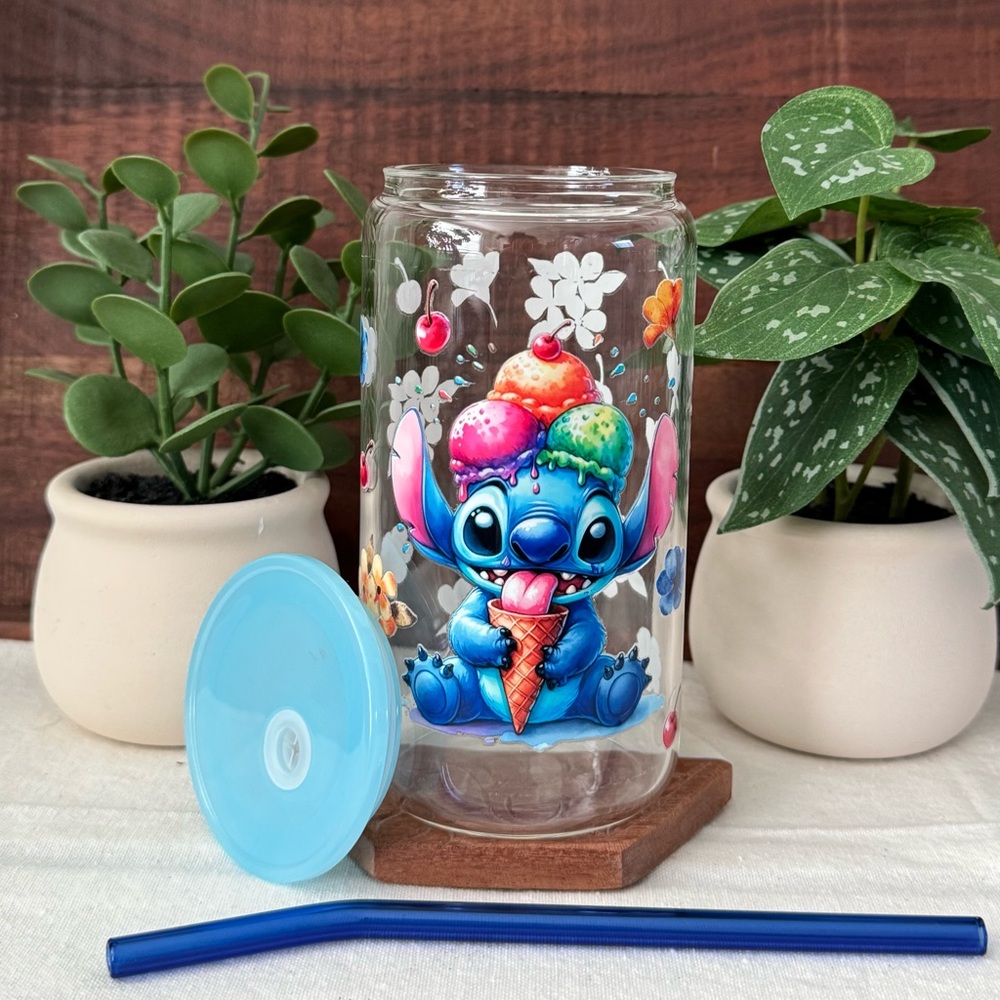 Stitch Ice Cream Glass Cup with Blue Lid and Glass Straw